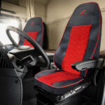 SET HUSE SCAUN TRUCK UMBRELLA PENTRU SCANIA SERIA R 2006-2020 PIELE ECOLOGICA NEAGRA + VELVET ROSU - imagine 3