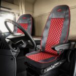 SET HUSE SCAUN TRUCK UMBRELLA PENTRU SCANIA SERIA R 2006-2020 PIELE ECOLOGICA NEAGRA+ROSU - imagine 3